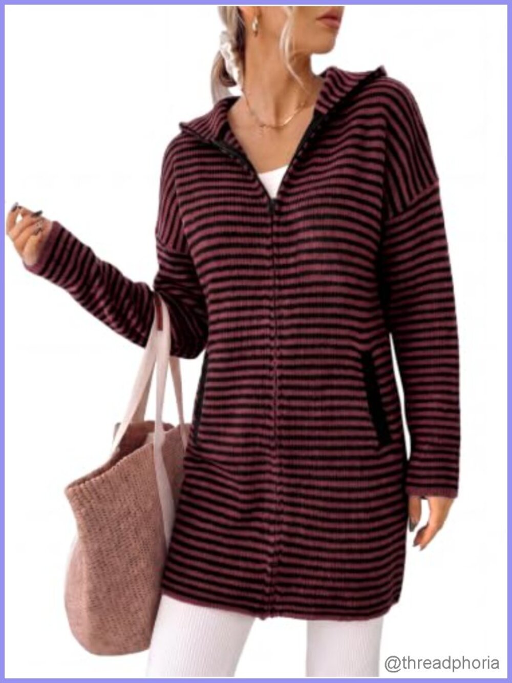Women's Striped Knit Zip Up Sweater Dress with Pockets